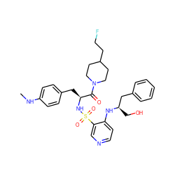 CNc1ccc(C[C@H](NS(=O)(=O)c2cnccc2N[C@H](CO)Cc2ccccc2)C(=O)N2CCC(CCF)CC2)cc1 ZINC000027184306