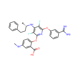 CNc1ccc(Oc2nc(Oc3cccc(C(=N)N)c3)c(F)c(N[C@@H](C)CCc3ccccc3)c2F)c(C(=O)O)c1 ZINC000028525153