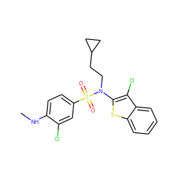 CNc1ccc(S(=O)(=O)N(CCC2CC2)c2sc3ccccc3c2Cl)cc1Cl ZINC000115228771