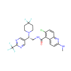 CNc1ccc2c(C(=O)NC[C@H](c3cnc(C(F)(F)F)nc3)N3CCC(F)(F)CC3)c(Cl)ccc2n1 ZINC000149136965