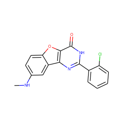 CNc1ccc2oc3c(=O)[nH]c(-c4ccccc4Cl)nc3c2c1 ZINC000084712684