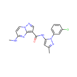 CNc1ccn2ncc(C(=O)Nc3cc(C)nn3-c3cccc(Cl)c3)c2n1 ZINC000095578641