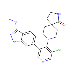 CNc1n[nH]c2cc(-c3cncc(Cl)c3N3CCC4(CCNC4=O)CC3)ccc12 ZINC000653851667