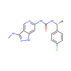 CNc1n[nH]c2cc(NC(=O)N[C@H](C)c3ccc(Cl)cc3)ncc12 ZINC001772593617