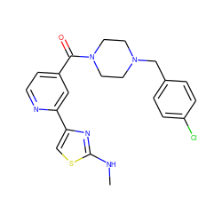 CNc1nc(-c2cc(C(=O)N3CCN(Cc4ccc(Cl)cc4)CC3)ccn2)cs1 ZINC001772637248