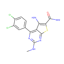 CNc1nc(-c2ccc(Cl)c(Cl)c2)c2c(N)c(C(N)=O)sc2n1 ZINC000073224544