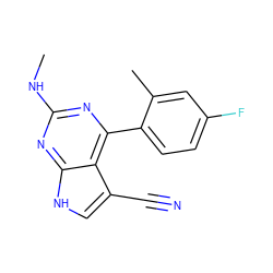 CNc1nc(-c2ccc(F)cc2C)c2c(C#N)c[nH]c2n1 ZINC000095573152