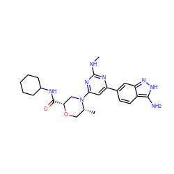 CNc1nc(-c2ccc3c(N)[nH]nc3c2)cc(N2C[C@@H](C(=O)NC3CCCCC3)OC[C@H]2C)n1 ZINC000071296700