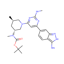 CNc1nc(-c2ccc3c(N)[nH]nc3c2)cc(N2C[C@H](C)C[C@@H](N(C)C(=O)OC(C)(C)C)C2)n1 ZINC000071316603