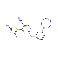 CNc1nc(C)c(-c2nc(Nc3cccc(N4CCCNCC4)c3)ncc2C#N)s1 ZINC000095597277