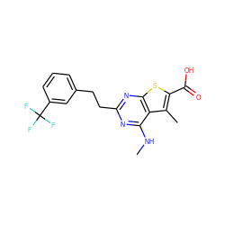 CNc1nc(CCc2cccc(C(F)(F)F)c2)nc2sc(C(=O)O)c(C)c12 ZINC001772647308