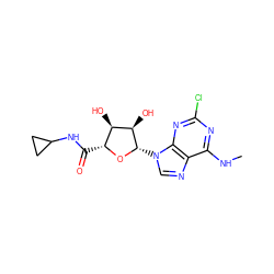 CNc1nc(Cl)nc2c1ncn2[C@@H]1O[C@H](C(=O)NC2CC2)[C@@H](O)[C@H]1O ZINC000096901444