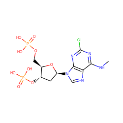 CNc1nc(Cl)nc2c1ncn2[C@H]1C[C@H](OP(=O)(O)O)[C@@H](COP(=O)(O)O)O1 ZINC000013492625