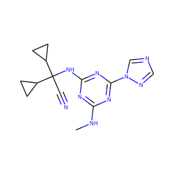 CNc1nc(NC(C#N)(C2CC2)C2CC2)nc(-n2cncn2)n1 ZINC000096923745