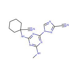 CNc1nc(NC2(C#N)CCCCC2)nc(-n2cnc(C#N)n2)n1 ZINC000096928546
