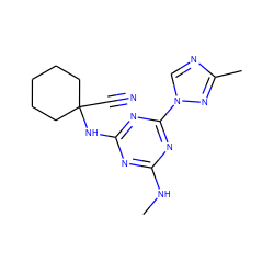 CNc1nc(NC2(C#N)CCCCC2)nc(-n2cnc(C)n2)n1 ZINC000096928545