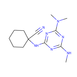 CNc1nc(NC2(C#N)CCCCC2)nc(N(C)C)n1 ZINC000096924107