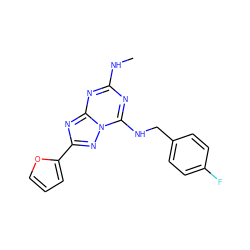 CNc1nc(NCc2ccc(F)cc2)n2nc(-c3ccco3)nc2n1 ZINC000653773252