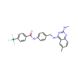 CNc1nc(NCc2ccc(NC(=O)c3ccc(C(F)(F)F)cc3)cc2)c2cc(C)ccc2n1 ZINC000141929375