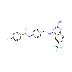 CNc1nc(NCc2ccc(NC(=O)c3ccc(Cl)cc3)cc2)c2cc(C(F)(F)F)ccc2n1 ZINC000145362177