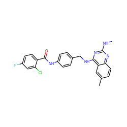 CNc1nc(NCc2ccc(NC(=O)c3ccc(F)cc3Cl)cc2)c2cc(C)ccc2n1 ZINC000141899616