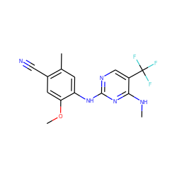 CNc1nc(Nc2cc(C)c(C#N)cc2OC)ncc1C(F)(F)F ZINC000205927055