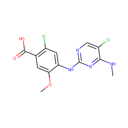 CNc1nc(Nc2cc(Cl)c(C(=O)O)cc2OC)ncc1Cl ZINC000098180829