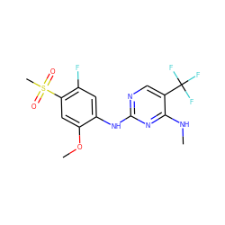 CNc1nc(Nc2cc(F)c(S(C)(=O)=O)cc2OC)ncc1C(F)(F)F ZINC000095578134