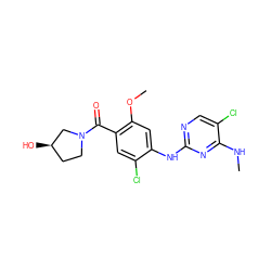 CNc1nc(Nc2cc(OC)c(C(=O)N3CC[C@@H](O)C3)cc2Cl)ncc1Cl ZINC000169705094