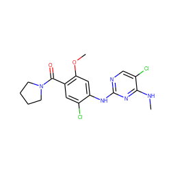 CNc1nc(Nc2cc(OC)c(C(=O)N3CCCC3)cc2Cl)ncc1Cl ZINC000147712222