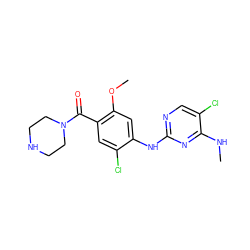 CNc1nc(Nc2cc(OC)c(C(=O)N3CCNCC3)cc2Cl)ncc1Cl ZINC000169705092