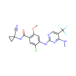 CNc1nc(Nc2cc(OC)c(C(=O)NC3(C#N)CC3)cc2Cl)ncc1C(F)(F)F ZINC000169705161