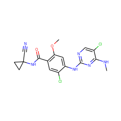 CNc1nc(Nc2cc(OC)c(C(=O)NC3(C#N)CC3)cc2Cl)ncc1Cl ZINC000169705102