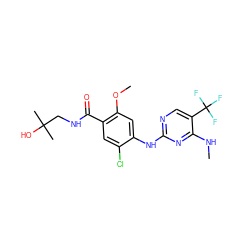 CNc1nc(Nc2cc(OC)c(C(=O)NCC(C)(C)O)cc2Cl)ncc1C(F)(F)F ZINC000169705106