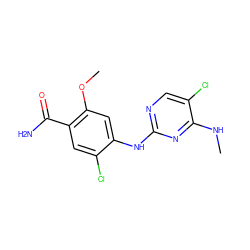 CNc1nc(Nc2cc(OC)c(C(N)=O)cc2Cl)ncc1Cl ZINC000169705085