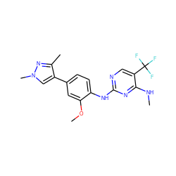CNc1nc(Nc2ccc(-c3cn(C)nc3C)cc2OC)ncc1C(F)(F)F ZINC000169704357