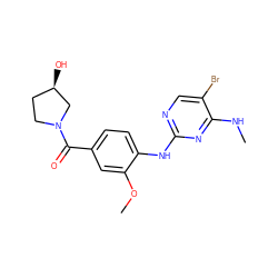 CNc1nc(Nc2ccc(C(=O)N3CC[C@@H](O)C3)cc2OC)ncc1Br ZINC000169705054