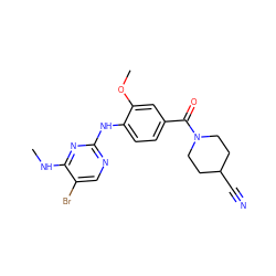 CNc1nc(Nc2ccc(C(=O)N3CCC(C#N)CC3)cc2OC)ncc1Br ZINC000169705047