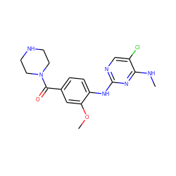 CNc1nc(Nc2ccc(C(=O)N3CCNCC3)cc2OC)ncc1Cl ZINC000147714234