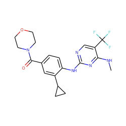 CNc1nc(Nc2ccc(C(=O)N3CCOCC3)cc2C2CC2)ncc1C(F)(F)F ZINC000147700877