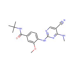 CNc1nc(Nc2ccc(C(=O)NC(C)(C)C)cc2OC)ncc1C#N ZINC000169705123