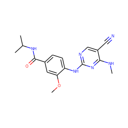 CNc1nc(Nc2ccc(C(=O)NC(C)C)cc2OC)ncc1C#N ZINC000169705120