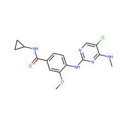 CNc1nc(Nc2ccc(C(=O)NC3CC3)cc2OC)ncc1Cl ZINC000169705010