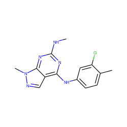 CNc1nc(Nc2ccc(C)c(Cl)c2)c2cnn(C)c2n1 ZINC000009212223