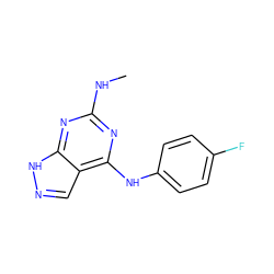 CNc1nc(Nc2ccc(F)cc2)c2cn[nH]c2n1 ZINC000096928137