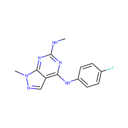 CNc1nc(Nc2ccc(F)cc2)c2cnn(C)c2n1 ZINC000021873597