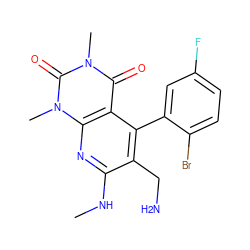 CNc1nc2c(c(-c3cc(F)ccc3Br)c1CN)c(=O)n(C)c(=O)n2C ZINC000035879226