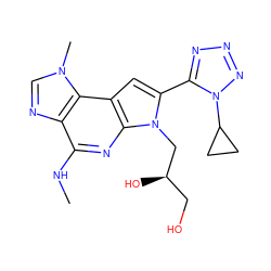 CNc1nc2c(cc(-c3nnnn3C3CC3)n2C[C@H](O)CO)c2c1ncn2C ZINC000473135023