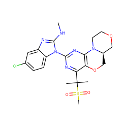 CNc1nc2cc(Cl)ccc2n1-c1nc2c(c(C(C)(C)S(C)(=O)=O)n1)OC[C@@H]1COCCN21 ZINC000218321801