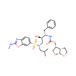 CNc1nc2ccc(S(=O)(=O)N(CC(C)C)C[C@@H](O)[C@H](Cc3ccccc3)NC(=O)O[C@H]3CO[C@H]4OCC[C@@H]34)cc2o1 ZINC000028523495